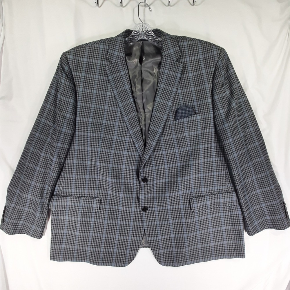 Lauren Ralph Lauren Blazer 52R Silk Wool Plaid Gray Blue Sport Coat Men Big